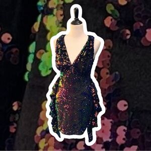Sequin V-Neck Ruffle Mini Dress - Iridescent Black